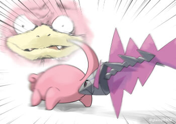 animal_focus closed_mouth commentary_request emphasis_lines face_in_ass fangs full_body gen_1_pokemon glassy0302 grey_eyes highres motion_blur nintendo no_humans nostrils open_mouth pink_pupils pokemon pokemon_(creature) pokemon_fainted sharp_teeth simple_background slowpoke teeth veluza white_background