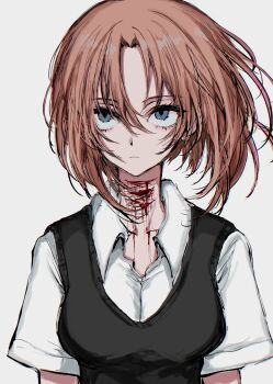 1girl bad_id bad_twitter_id black_vest bleeding blood blood_on_neck blue_eyes breasts closed_mouth collared_shirt cuts fuyu_(wldnrowldnro) grey_background hair_between_eyes highres higurashi_no_naku_koro_ni inactive_account injury looking_at_viewer medium_breasts orange_hair parted_bangs ryuuguu_rena self-harm shirt short_hair short_sleeves simple_background solo upper_body upturned_eyes vest white_background white_shirt