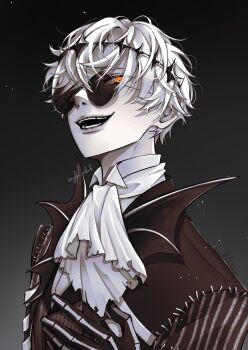 1boy ascot black_crown black_gloves crown diamond_hairband formal_clothes gloves highres jacket long_sleeves looking_at_viewer male_focus missing_tooth nghr_oekaki orange_eyes pinstripe_jacket pinstripe_pattern pinstripe_suit pinstripe_vest round_eyewear short_hair skeleton skeleton_print skully_j._graves smile solo stitches striped_clothes striped_jacket striped_vest suit sunglasses twisted_wonderland vertical-striped_clothes vertical-striped_jacket vertical-striped_vest vest white_hair