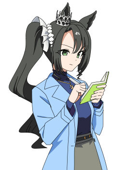 Rule 34 | 1girl, absurdres, animal ears, baasaku (balasaku24), black hair, blue coat, blue jacket, blue sweater, casual, closed mouth, coat, ear through crown, ears through headwear, green eyes, grey skirt, hair between eyes, highres, holding, holding notebook, holding pen, horse ears, horse girl, jacket, jewelry, long hair, long sleeves, multicolored hair, no tail, notebook, pen, satono crown (casual) (umamusume), satono crown (umamusume), shirt, side ponytail, simple background, skirt, solo, streaked hair, sweater, umamusume, white background, white hair, writing