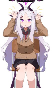 1girl absurdres ahoge blue_archive blush commentary_request demon_girl demon_horns demon_wings halo highres hina_(blue_archive) horns long_hair low_wings purple_eyes school_uniform simple_background sitting solo twintails user_vwzn4332 very_long_hair white_background white_hair wings