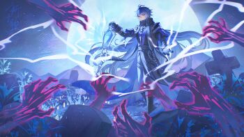 1boy absurdres antenna_hair aqinorz black_coat black_gloves blue_hair closed_mouth coat collared_coat crossed_bangs flins_(genshin_impact) genshin_impact gloves hair_between_eyes highres holding holding_lantern lantern long_hair long_sleeves male_focus moon multicolored_hair solo standing tombstone yellow_eyes