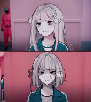 alternate_hairstyle aoui blood blood_on_face cut emilia_(re:zero) hairstyle_switch highres meme re:zero_kara_hajimeru_isekai_seikatsu smile squid_game white_hair year_1_&amp;_year_2_(squid_game)_(meme)