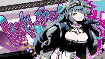 Rule 34 | 1girl, absurdres, animal collar, apron, bite mark, bite mark on breast, black gloves, black hairband, breasts, cardigan, cleavage, collar, frilled hairband, frills, gloves, grey cardigan, hair over one eye, hairband, highres, indie virtual youtuber, kennymuseum, long hair, menace mamaki, mole, mole on breast, name tag, open cardigan, open clothes, parted lips, purple collar, purple eyes, solo, tail, virtual youtuber, white apron