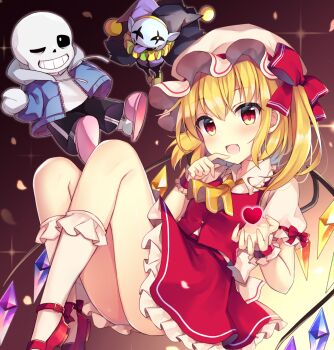 1girl 2boys :d ;) arm_up back_bow black_pants blonde_hair blue_jacket blush bow breasts buckle buttons chibi collar commentary_request crystal deltarune dress_bow eyes_visible_through_hair fang finger_to_mouth fingernails flandre_scarlet frilled_shirt_collar frilled_skirt frills grin hair_between_eyes hand_in_pocket hand_up hat hat_ribbon heart hood hoodie jacket jester_cap jevil jumping long_sleeves looking_at_viewer medium_breasts mob_cap multicolored_wings multiple_boys neck_ruff one_eye_closed one_side_up open_mouth pants petals puffy_short_sleeves puffy_sleeves red_bow red_footwear red_ribbon red_skirt red_vest ribbon ruhika sans_(undertale) sharp_teeth shirt shoes short_hair short_sleeves skeleton skirt slippers small_breasts smile sparkle teeth thighs touhou undertale utdr_(toby_fox) vest white_bow white_headwear white_shirt wings wrist_cuffs yellow_neckwear