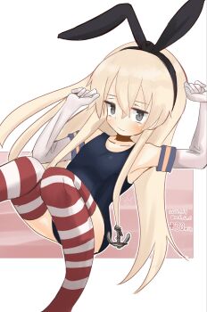 1girl anchor_hair_ornament black_hairband blonde_hair blue_one-piece_swimsuit elbow_gloves feet_out_of_frame gloves grey_eyes hair_ornament hairband highres kantai_collection long_hair lying mf_u_c one-hour_drawing_challenge one-piece_swimsuit school_swimsuit shimakaze_(kancolle) solo striped_clothes striped_thighhighs swimsuit thighhighs white_gloves