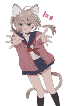Rule 34 | 1girl, :o, absurdres, ahoge, animal ear fluff, animal ears, black sailor collar, black skirt, blue sailor collar, blue skirt, blush, brown cardigan, brown hair, cardigan, cat ears, cat girl, cat tail, fang, hair between eyes, highres, kneehighs, long hair, long sleeves, looking at viewer, neckerchief, open cardigan, open clothes, open mouth, original, outstretched arms, pleated skirt, sailor collar, saku (saku 3193), school uniform, serafuku, shirt, skirt, socks, solo, striped background, tail, twintails, white background, white shirt