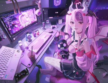 1girl ahoge animal_ear_headphones animal_ears barefoot bell belt_boots black_boots black_corset black_nails black_skirt blunt_bangs blurry blurry_background boots breasts bubi_(ironmouse) cat_ear_headphones cat_ears cellphone chain chainsaw_man chair choker city collar collarbone commentary computer computer_keyboard computer_mouse controller corset crossed_legs curved_monitor demon_girl demon_horns demon_tail demon_wings detached_sleeves discord earbuds earphones earrings english_commentary eyelashes fake_animal_ears fangs fast_food frieren frilled_shirt frills full_body game_controller gamepad garter_straps hair_ornament hatsune_miku head_wings headphones heart heart_ahoge heart_earrings heart_hair_ornament heart_o-ring heart_print heart_ring_choker heart_ring_strap heart_sticker heterochromia highres holding holding_stuffed_toy horns ironmouse ironmouse_(15th_costume) jewelry jingle_bell light_particles livestream long_hair long_sleeves looking_at_viewer medium_breasts microphone monitor monster_energy mousepad_(object) multicolored_hair notebook o-ring o-ring_choker on_chair open_mouth pantyhose phone photo_(object) pink_collar pink_hair pink_nails pink_shirt pink_skirt pink_sleeves pink_wings pochita_(chainsaw_man) pointy_ears poster_(object) purple_eyes purple_hair purple_thighhighs red_eyes see-through_clothes see-through_pantyhose see-through_thighhighs shelf shirt single_earring single_sidelock sitting skirt sleeveless sleeveless_shirt smartphone solo_focus sousou_no_frieren sparkle spiked_collar spikes sticker streaked_hair stuffed_animal stuffed_toy table tail teddy_bear teeth thighhighs toes twintails twitch.tv twitch_logo twitter_username two_side_up v very_long_hair virtual_youtuber vocaloid vshojo white_horns white_pantyhose window wings xiisalt youtube
