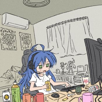1girl air_conditioner among_us bed beer_can blue_hair can chair computer computer_keyboard computer_mouse crewmate_(among_us) cup dejiko di_gi_charat drink_can green_eyes hatsune_miku holding holding_can inconspicuous_sex_toy instant_noodles instant_ramen izumi_konata lucky_star mole mole_under_eye mug nissin_cup_noodle on_chair open_mouth otaku otaku_room poster_(object) sex_toy sitting star_(symbol) suzumiya_haruhi suzumiya_haruhi_no_yuuutsu truffleduster vibrator vocaloid