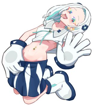 1girl aqua_eyes aqua_ribbon arched_back blue_skirt blush boots breasts clothes_lift clothes_pull collarbone colored_eyelashes commentary_request cropped_shirt ear_piercing forehead full_body gloves groin haneuzu_miuneru highres kneeling long_hair looking_at_viewer midriff navel navel_piercing neck_ribbon nomark_1210 open_mouth piercing pleated_skirt ribbon ringed_eyes shirt shirt_lift short_sleeves skirt skirt_pull solo sweatdrop tongue tongue_out tongue_piercing transparent_background underboob virtual_youtuber voms white_boots white_gloves white_hair white_shirt