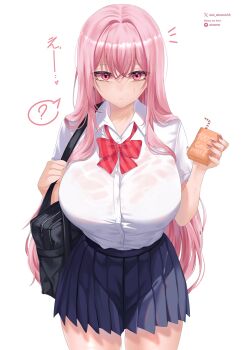 1girl :c ? alternate_costume artist_name bag black_bag blue_skirt bow bowtie breasts closed_mouth collared_shirt commentary drinking_straw english_commentary english_text fingernails hair_between_eyes hand_up heart highres holding holding_milk_carton hololive hololive_english huge_breasts long_fingernails long_hair looking_at_viewer milk_carton mori_calliope nail_polish oioi_ainomo patreon_logo patreon_username pink_bow pink_bowtie pink_eyes pink_hair pink_nails pleated_skirt school_bag school_uniform shirt short_sleeves shoulder_bag simple_background skirt solo spoken_question_mark striped_bow striped_bowtie striped_clothes thighs twitter_username virtual_youtuber white_background white_shirt