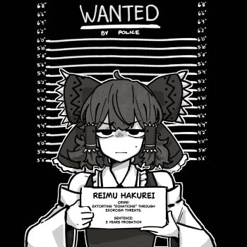 1girl absurdres ahoge bare_shoulders bow character_name detached_sleeves english_text frilled_bow frills greyscale hair_bow hair_tubes hakurei_reimu hayoibu height_chart height_mark highres holding holding_sign jitome looking_at_viewer medium_hair monochrome mugshot sign solo sweatdrop touhou upper_body