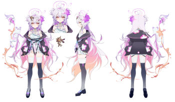 1girl :< absurdres antenna_hair bare_shoulders black_jacket black_shoes black_thighhighs blue_nails braid closed_mouth colored_inner_hair commentary commission creature cropped_torso dress fingernails floral_print flower-shaped_pupils from_behind from_side full_body gradient_nails hair_between_eyes hair_ornament hairclip halo highres jacket jewelry legs long_sleeves looking_at_viewer mole mole_under_each_eye mole_under_eye multicolored_hair multicolored_jacket multiple_moles multiple_views nail_polish off_shoulder open_clothes open_jacket original parallel_hairclips pink_halo pink_jacket pink_nails purple_hair red_eyes reference_sheet shibuya_(kurokamishain) shoes strap_slip symbol-shaped_pupils thighhighs thighhighs_under_thighhighs thighs turnaround twitter_username two-tone_hair white_dress white_hair white_jacket white_thighhighs