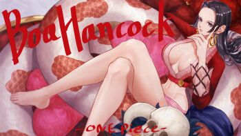 1girl absurdres black_hair blue_eyes boa_hancock breasts character_name cleavage copyright_name crop_top crossed_legs earrings head_rest highres jewelry long_hair midriff navel one_piece salome_(one_piece) sc_scandium sidelocks skull snake snake_earrings