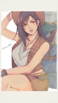 1boy 1girl arm_behind_head back-to-back bangle bare_shoulders belt black_hair blonde_hair blue_jacket blue_pants bracelet breasts brown_hat brown_skirt brown_vest cloud_strife cowboy_hat crisis_core_final_fantasy_vii crop_top feet_out_of_frame final_fantasy final_fantasy_vii green_scarf hat helmet highres jacket jewelry knees large_breasts lips long_hair miniskirt newwellie open_clothes open_vest pants parted_lips pink_lips red_eyes scarf shinra_infantry shinra_infantry_uniform sitting skirt sleeveless thighs tifa_lockhart tifa_lockhart_(cowgirl) twitter_username vest