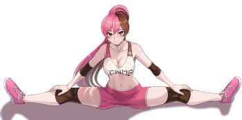 1girl bare_shoulders blush breasts brown_eyes brown_hair closed_mouth collarbone eyelashes female_focus full_body hands_on_own_knees heterochromia knee_pads large_breasts leaning_forward long_hair looking_at_viewer matching_hair/eyes multicolored_hair navel neopolitan_(rwby) nico-mo pink_eyes pink_hair pink_shoes pink_shorts ponytail rwby shoes shorts simple_background sitting smile sneakers solo split sports_bra spread_legs two-tone_hair variant_set wet wet_clothes white_background white_sports_bra wide_spread_legs