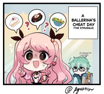 1boy 1girl :d ? artist_name bag black_eyes black_ribbon blush border breasts chibi chibi_only cleavage closed_mouth commentary earrings english_commentary english_text flying_sweatdrops glasses green_eyes green_hair hair_ribbon hand_up heart heart_earrings highres holding holding_bag jacket jewelry long_hair looking_at_another nervous_smile notice_lines open_clothes open_jacket open_mouth original paper_bag parted_bangs pink_hair pink_jacket rae_(ryuuxin) ribbon ryuuxin shaded_face short_hair small_sweatdrop smile speech_bubble spoken_food thought_bubble white_border yellow_eyes