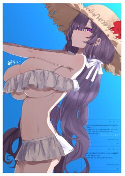 1girl bikini blue_sky breasts closed_mouth cowboy_shot eurasia_(wtp09ptw14) francoise_(eurasia) frilled_bikini frills hair_ribbon hat highres large_breasts long_hair low-tied_long_hair microskirt original outdoors outstretched_arms purple_eyes purple_hair request_inset ribbon skindentation skirt sky solo stomach straw_hat sun_hat swimsuit translation_request undersized_clothes very_long_hair wavy_hair white_bikini white_ribbon