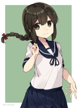 1girl black_eyes black_hair blue_sailor_collar blue_skirt border braid grey_background hair_between_eyes highres isonami_(kancolle) kantai_collection kurasaki_cosmos looking_at_viewer pleated_skirt sailor_collar school_uniform serafuku sidelocks single_braid skirt solo two-tone_background white_border