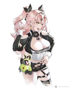 Rule 34 | 1girl, amillion (zenless zone zero), bangboo (zenless zone zero), black ribbon, black shorts, black thighhighs, breasts, cleavage, clothing cutout, commentary, cowboy shot, cutoffs, earrings, english commentary, green eyes, hair ornament, hairclip, hand on own hip, heart, heart earrings, heart necklace, highres, instagram logo, instagram username, jewelry, large breasts, micro shorts, midriff, mole, mole on breast, mole on thigh, mole under eye, multicolored nails, navel, necklace, nicole demara, open mouth, pink hair, ribbon, shorts, shoulder cutout, simple background, single thighhigh, solo, strapless, stuffed toy, thighhighs, torn clothes, torn thighhighs, tube top, wandzardeen, white background, white tube top, zenless zone zero