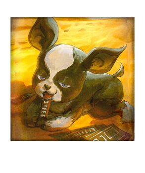 1boy blue_eyes border chewing_gum day desert dog footprints iggy_(jojo) jojo_no_kimyou_na_bouken no_humans outdoors sand smug solo stardust_crusaders tail tongue uu0000322 white_border