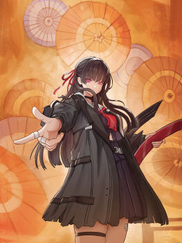 1girl absurdres black_choker black_hair black_jacket black_serafuku black_shirt black_skirt breasts chisa_(wuthering_waves) choker chucky_(chucky1000sun) closed_mouth commentary_request cowboy_shot finger_gun hair_ribbon highres holding holding_sword holding_weapon jacket long_hair looking_at_viewer medium_breasts neckerchief red_eyes red_neckerchief red_ribbon ribbon sailor_collar school_uniform serafuku shirt signature skirt solo sword thigh_strap thighs weapon white_sailor_collar wuthering_waves