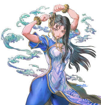 1girl adjusting_hair arms_up artist_name asymmetrical_hair black_hair bracelet breasts capcom chinese_clothes chun-li clothing_cutout cloud earrings hair_bun hair_ribbon highres jewelry large_breasts long_hair looking_at_viewer mitsu_plus mouth_hold pearl_earrings ribbon ribbon_in_mouth signature simple_background solo street_fighter street_fighter_6 thick_thighs thighs white_background yellow_ribbon