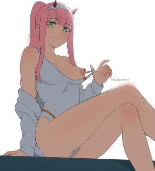 1girl absurdres anime_coloring arm_support breasts closed_mouth clothes_lift commentary commission darling_in_the_franxx eyeshadow green_eyes hairband high_ponytail highres horns kagironsfw lifting_own_clothes long_hair long_sleeves looking_at_viewer makeup nipples one-piece_swimsuit one_breast_out pink_eyeshadow pink_hair ponytail red_horns shirt simple_background sitting smile solo swimsuit swimsuit_lift thighs twitter_username white_background white_hairband white_one-piece_swimsuit white_shirt zero_two_(darling_in_the_franxx)