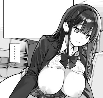 1girl bent_over blazer bow bowtie bra bra_lift breasts cleavage closed_mouth clothes_lift collared_shirt cowboy_shot greyscale huge_breasts indoors jacket large_breasts long_hair long_sidelocks long_sleeves manbiki_jk_wa_mizukara_ori_ni_hairu miniskirt monochrome nipples open_clothes open_jacket open_shirt plaid_clothes plaid_skirt pleated_skirt school_uniform shinozaki_sayoko_(manbiki_jk) shirt sidelocks sketch skirt straight_hair tamahagane tareme underwear