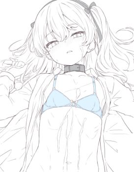 1girl blue_bra blush bra collar cum cum_on_body cum_on_chest cum_on_stomach expressionless flat_chest girls_und_panzer highres long_hair looking_at_viewer lying monochrome on_back open_clothes open_shirt osanai_sanday parted_lips shimada_arisu solo spot_color underwear upper_body