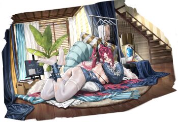 1girl artist_request ass bag_of_chips breasts candy character_request clothes_hanger curtains daiblos_core drink_carton food glasses gloves headgear highres holding holding_candy holding_food holding_lollipop lollipop long_sleeves lying milk_carton on_stomach pantyhose plant potted_plant red_hair rug solo stairs tongue torn_clothes torn_pantyhose white_gloves white_pantyhose wooden_floor yellow_eyes