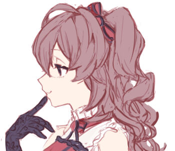 1girl bare_shoulders black_eyes black_gloves bow brown_hair closed_mouth commentary_request commission finger_to_mouth from_side gloves hair_bow hand_up ichinose_shiki idolmaster idolmaster_cinderella_girls long_hair looking_ahead okubatomaeba portrait profile red_bow simple_background smile solo white_background