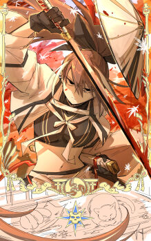 1girl black_eyes black_gloves blood bloody_weapon brown_hair cat commentary_request crop_top fate/grand_order fate_(series) gloves grand_servant_(fate/grand_order) hair_ribbon hakama haori hat highres holding holding_sword holding_weapon japanese_clothes japanese_hat kankan33333 katana kawakami_gensai_(fate) kawakami_gensai_(third_ascension)_(fate) long_hair long_sleeves looking_at_viewer midriff multicolored_hair navel ponytail ribbon shirt solo streaked_hair sword two-tone_hair weapon white_hair white_hakama white_haori white_hat white_ribbon wide_brim