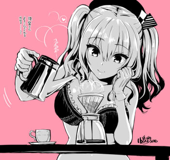 10s 1girl beret bra breasts cleavage coffee_pot cup female_focus gloves hat heart kantai_collection kashima_(kancolle) kojima_saya large_breasts monochrome out-of-frame_censoring pink_background saucer simple_background smile solo translation_request twintails underwear underwear_only