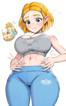 1boy 1girl alternate_costume blonde_hair blue_eyes blue_leggings blue_shirt blush braid breasts cake cake_slice champion's_tunic_(zelda) cleavage closed_mouth crown_braid fingerless_gloves food gloves gonzarez green_eyes grey_sports_bra hair_ornament hairclip highres large_breasts leggings link midriff navel nintendo pants pinching_belly plate pointy_ears princess_zelda shirt short_hair sidelocks simple_background sports_bra sportswear stomach sweat sweatdrop the_legend_of_zelda the_legend_of_zelda:_tears_of_the_kingdom the_legend_of_zelda:_tears_of_the_kingdomgonzarez white_background workout_clothes yoga_pants