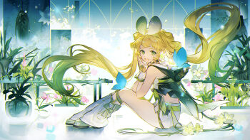 1girl :d blonde_hair blue_butterfly bow bow_hairband bug butterfly chinese_clothes choker earrings eyelashes fingerless_gloves floating_hair flower flower_earrings gloves gradient_clothes gradient_hair grass green_bow green_choker green_eyes green_hair green_hairband green_ribbon green_shoes hairband hands_up hanfu highres indoors insect jewelry knees_up leg_warmers long_hair looking_at_viewer looking_to_the_side multicolored_hair on_floor open_mouth pink_flower plant qixiong_ruqun railing ribbon shoes short_shorts shorts sidelocks sitting smile solo twintails vase verina_(wuthering_waves) very_long_hair vines watermark weibo_watermark white_flower white_gloves white_hairband white_leg_warmers white_shorts wuthering_waves zeriko