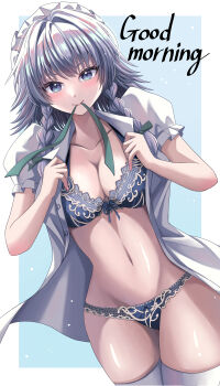 Rule 34 | 1girl, absurdres, blue bra, blue eyes, blue panties, blush, bow, bra, braid, breasts, cleavage, collarbone, commentary request, dressing, english text, good morning, green bow, grey hair, hair bow, happy ginko, highres, izayoi sakuya, long hair, maid headdress, mouth hold, navel, open clothes, open shirt, panties, puffy short sleeves, puffy sleeves, ribbon, ribbon in mouth, shirt, short sleeves, smile, solo, stomach, thighhighs, touhou, twin braids, underwear, white shirt, white thighhighs