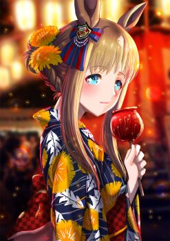 1girl animal_ears blue_eyes blue_kimono blush bow braid brown_hair candy_apple closed_mouth commentary_request dated_commentary ear_bow ear_ribbon floral_print floral_print_kimono flower food grass_wonder_(umamusume) hair_bun hair_flower hair_ornament highres holding holding_candy_apple holding_food horse_ears horse_girl horse_tail japanese_clothes kimono long_hair long_sleeves multicolored_hair otono_(bkt4b) print_kimono smile solo summer_festival tail umamusume white_hair yukata