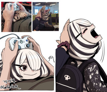 1girl 1other backpack bag black_bag black_hair black_shirt brown_eyes closed_eyes closed_mouth controller creature_and_personification game_controller gegegekman hair_ornament hair_over_one_eye highres holding holding_controller lizard multicolored_hair multiple_views one_eye_covered open_mouth original parted_bangs personification photo_inset reference_inset sharp_teeth shirt short_hair signature simple_background skull_print smile teeth two-tone_hair two-tone_shirt white_hair white_shirt xbox_controller