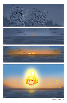 Rule 34 | 10s, 3girls, 4koma, animal ears, bow, bowtie, breath, coat, comic, commentary request, common raccoon (kemono friends), dated, fennec (kemono friends), fox ears, fur trim, glowing, gradient sky, highres, holding, japari symbol, kemono friends, limited palette, multiple girls, night, outdoors, raccoon ears, roonhee, serval (kemono friends), signature, sky, sun, sunrise, tatsuki (irodori) (style)
