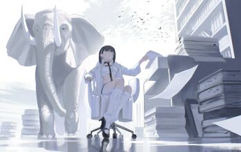 1girl absurdres black_choker black_hair black_shoes bob_cut breasts choker choppy_bangs closed_mouth colored_inner_hair commentary desk earrings elephant expressionless highres holding holding_paper hoop_earrings jacket jewelry kneehighs leash mary_janes medium_hair multicolored_hair original paper shoes siotanikun sitting skinny small_breasts socks solo tank_top two-tone_hair white_background white_eyes white_hair white_jacket white_socks white_tank_top