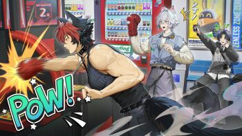 3boys absurdres alternate_costume animal_ear_fluff animal_ears arcade asaba_harumasa bag bangboo_(zenless_zone_zero) black_hair black_tank_top boxing_gloves can cat_ears cat_tail chain chain_necklace closed_eyes closed_mouth commentary_request crossed_bangs eous_(zenless_zone_zero) gigo grey_hair guest_art headband highres holding holding_can indoors jacket jewelry komano_manato kushami_deso male_focus multicolored_hair multiple_boys necklace open_mouth pants playing_games police_badge punching red_hair ribbed_tank_top scar scar_across_eye scar_on_arm scar_on_face scar_on_shoulder seth_lowell sign sound_effects sweat tail tank_top toned toned_male vending_machine yellow_headband zenless_zone_zero