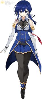 1girl arm_garter arm_scrunchie assault_lily bare_shoulders black_necktie blue_eyes blue_hair blush breasts character_name character_profile closed_mouth collared_shirt elbow_gloves full_body gloves hair_between_eyes hair_ribbon hayami_katsura highres long_hair looking_at_viewer low_ponytail low_side_ponytail nauribon necktie odaiba_girls_high_school_uniform pleated_skirt ponytail ribbon school_uniform scrunchie shirt short_necktie side-by-side side_ponytail simple_background skirt sleeveless sleeveless_shirt smile two-tone_shirt waist_cape white_background yellow_scrunchie