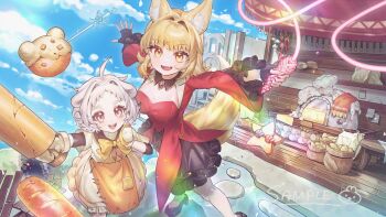 2girls :d ahoge animal_ear_fluff animal_ear_request black_gloves black_skirt blonde_hair bow bread breasts brick_oven character_request cleavage cloud commentary copyright_request dot_nose dress english_commentary fangs feet_out_of_frame fingerless_gloves firewood food gloves hair_intakes hands_up highres holding holding_rolling_pin long_sleeves looking_at_viewer medium_breasts medium_hair miniskirt multiple_girls open_mouth oven rolling_pin sample_watermark short_dress short_hair skirt smile solo teeth upper_teeth_only watermark white_dress white_hair wispy_bangs yellow_bow yellow_eyes yunny_(cureyunny)