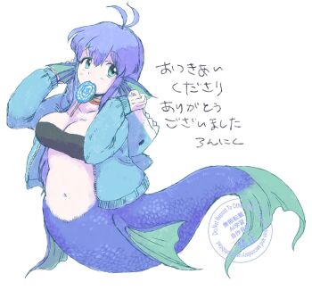 animal_hood antenna_hair blue_hair blue_hoodie blue_tail blush body_fins breasts candy collarbone commentary_request fins food food_in_mouth full_body green_eyes hair_between_eyes head_fins highres hood hood_down hoodie jacket large_breasts lollipop long_hair long_sidelocks looking_to_the_side madou_monogatari mermaid monster_girl navel open_clothes open_jacket prprtooon puyopuyo scales serilly_(puyopuyo) shark_hood sidelocks simple_background sleeves_past_wrists sweets translation_request unzipped watermark white_background