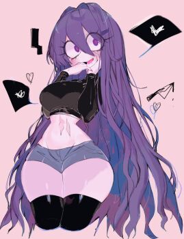 1girl black_thighhighs blue_shorts commentary cowboy_shot crazy crop_top denim denim_shorts doki_doki_literature_club hair_between_eyes hair_intakes heart highres long_hair long_sleeves midriff navel purple_eyes purple_hair scar scar_on_stomach short_shorts shorts simple_background solo spoken_heart spoken_squiggle squiggle stomach thick_thighs thighhighs thighs usa37107692 very_long_hair wide_hips yuri_(doki_doki_literature_club)