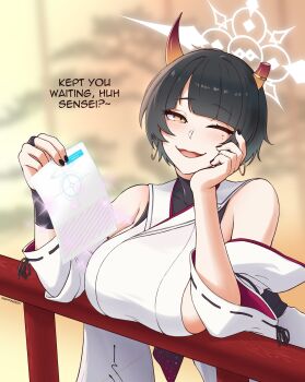 1girl :d black_bridal_gauntlets black_hair blue_archive blurry blurry_background breasts bridal_gauntlets broken_horn commentary detached_sleeves earrings english_commentary english_text halo hand_on_own_cheek hand_on_own_face highres holding hoop_earrings horns japanese_clothes jewelry kimono large_breasts long_sleeves looking_at_viewer mole mole_under_eye nightingery niya_(blue_archive) one_eye_closed open_mouth recruitment_(blue_archive) short_hair sideboob sideless_kimono single_bridal_gauntlet smile solo upper_body white_halo white_kimono wide_sleeves yellow_eyes