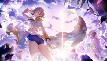 1girl 3boys absurdres ass back blonde_hair braid breasts brown_hair corset damaged debris epaulettes glasses gloves glowing glowing_eye gridman_universe highres instance_domination jacket juuga large_breasts looking_at_viewer medium_hair military_jacket mujina multiple_boys necktie onija purple_corset purple_hair purple_shorts red_hair ruins short_hair short_necktie shorts sizumu sky ssss.dynazenon sunlight tel-o white_gloves white_jacket wreckage
