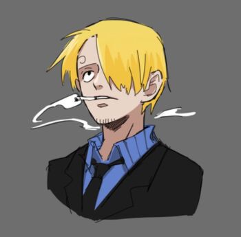 1boy black_jacket blonde_hair blue_shirt cigarette collared_shirt curly_eyebrows facial_hair goatee grey_background guaguapiu hair_over_one_eye jacket looking_up male_focus one_piece sanji_(one_piece) shirt short_hair simple_background smoke solo