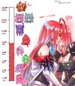 Rule 34 | 1girl, absurdres, ahoge, bare shoulders, black dress, black tiara, blue fire, blue hair, blush, cecilia immergreen, colored inner hair, dress, earrings, elizabeth rose bloodflame, elizabeth rose bloodflame (1st costume), english text, fire, fire on chest, fuwawa abyssgard, gigi murin, highres, hololive, hololive english, huge ahoge, imminent kiss, jewelry, kiss meter (meme), koseki bijou, meme, mococo abyssgard, mori calliope, mori calliope (1st costume), multicolored hair, nerissa ravencroft, off shoulder, pink hair, raora panthera, red eyes, red hair, shiori novella, spoken blush, tiara, virtual youtuber, white dress, xu chin-wen, yuri